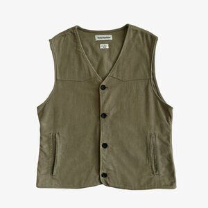 Olive Green/Brown Men's Mid-Weight Sleeveless Button-Up Vest by Tom Beckbe